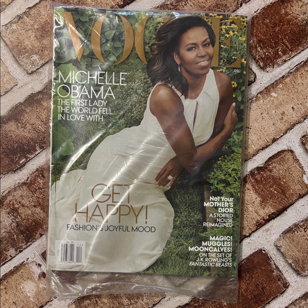 Vogue Michelle Obama in White Gown with Gold Logo